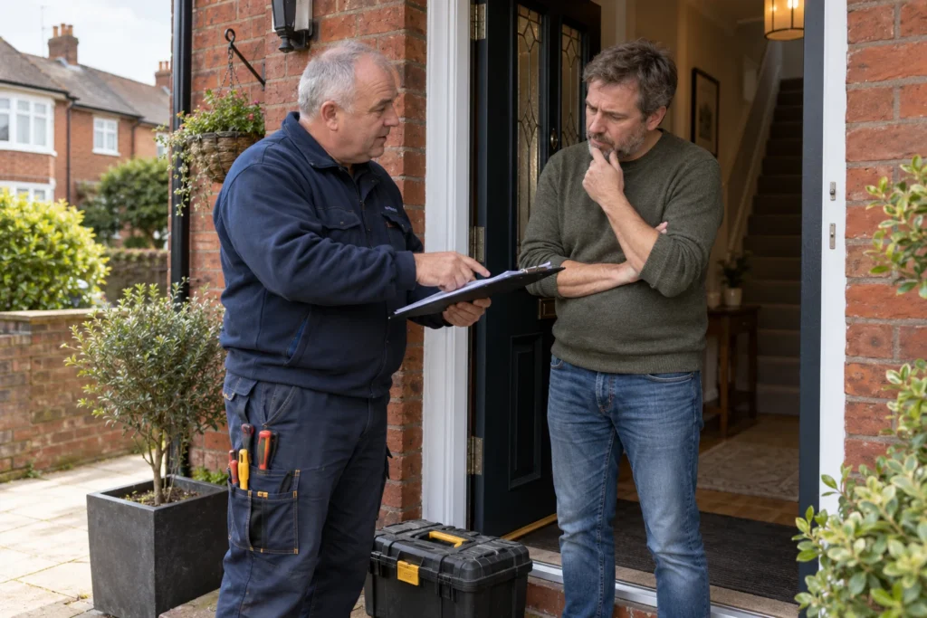 An electrician discussing a home inspection with a customer at the front door.