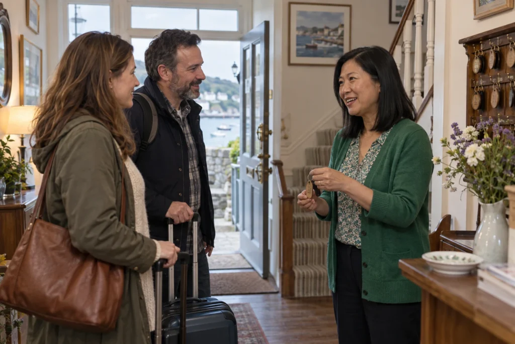 A coastal B&B owner welcoming arriving guests.