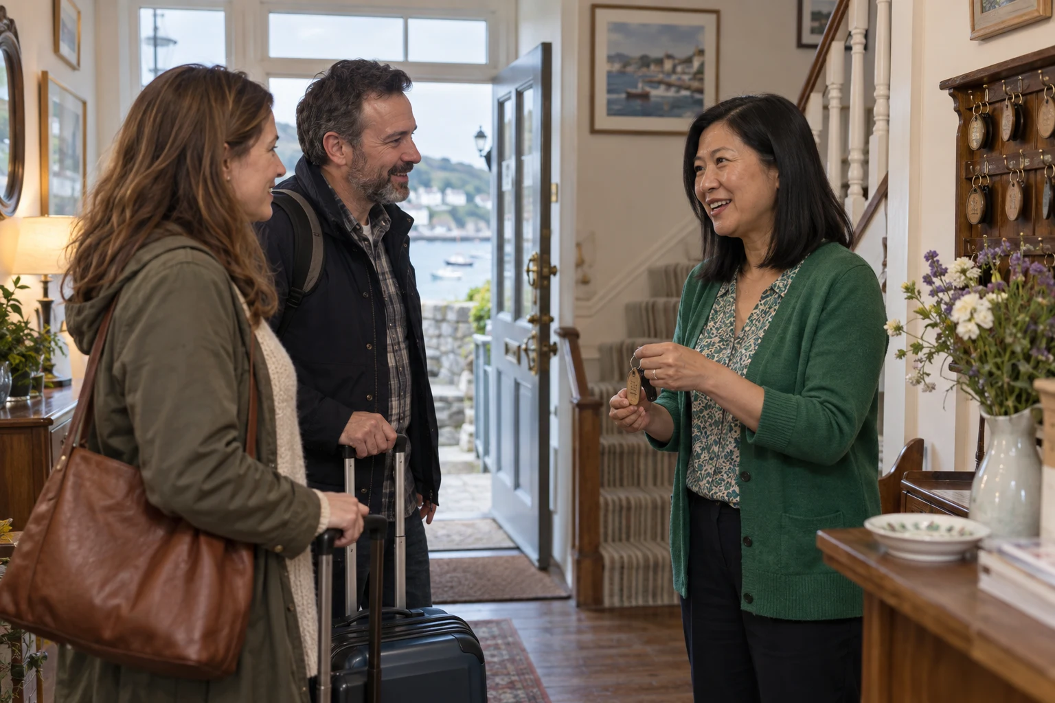 A coastal B&B owner welcoming arriving guests.