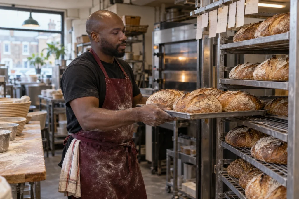 A bakery owner moving fresh sourdough onto a bread rack.
