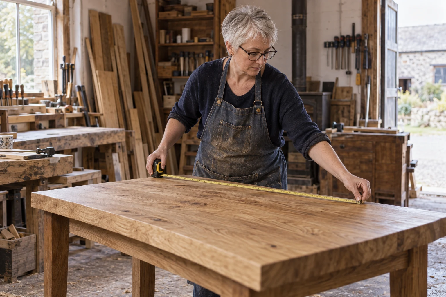 A joinery business owner measuring a handmade oak table.