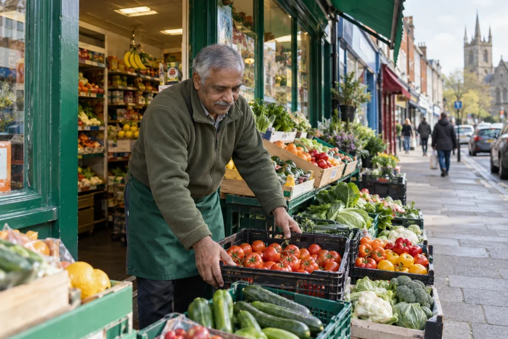 An independent grocer arranging produce outside his shop.