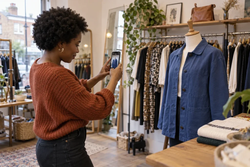 A boutique owner photographing a jacket for an advertising campaign.