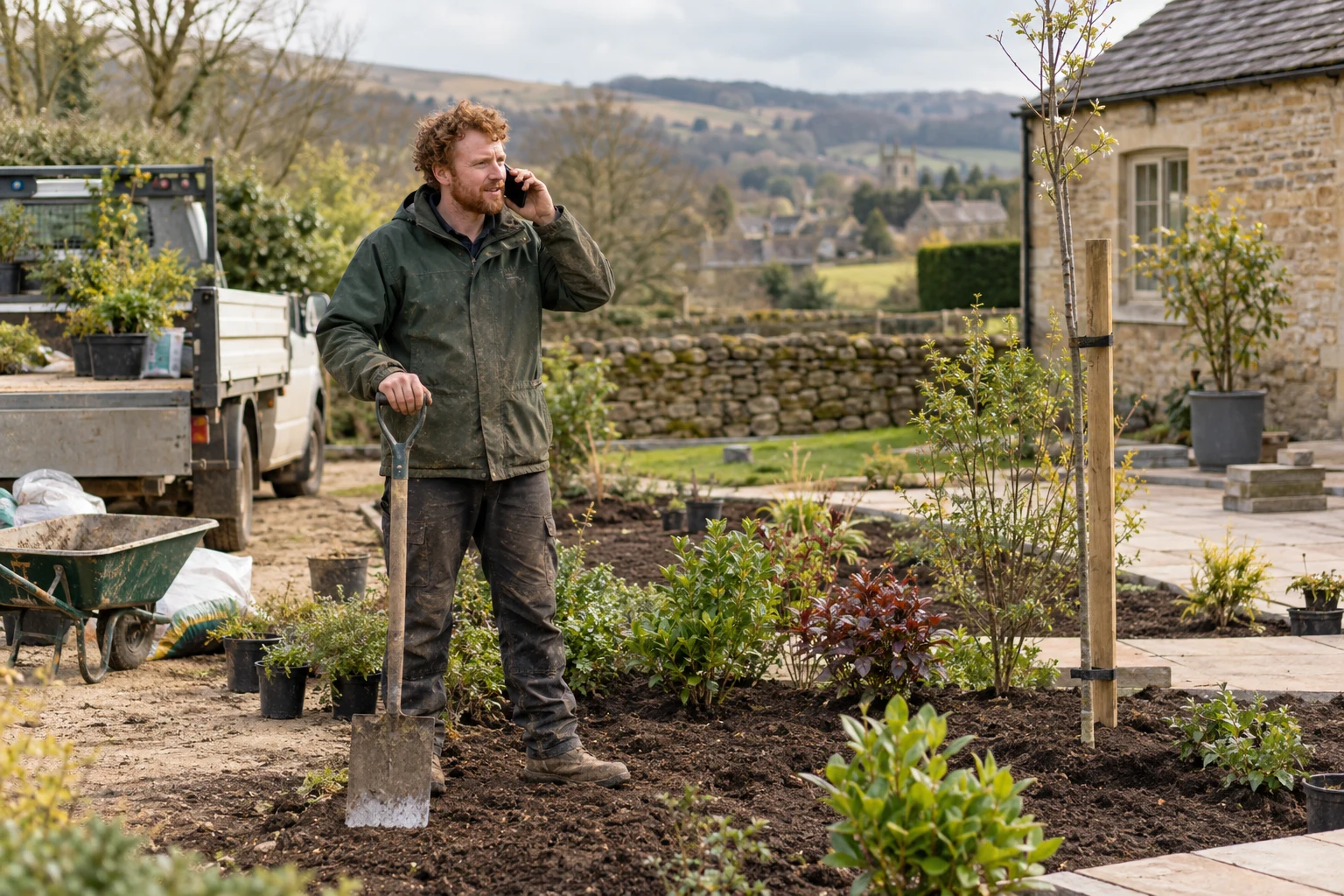A landscaper answering a customer call while working in a garden.