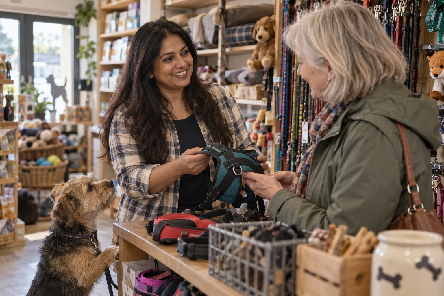 A pet shop owner helping a customer choose a dog harness.