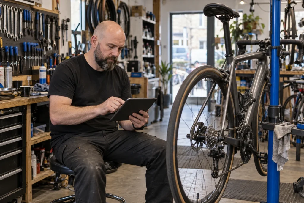 A cycle shop owner reviewing a tablet beside a repaired bicycle.