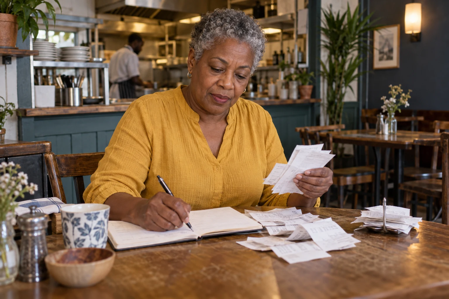 A restaurant owner checking receipts and writing in a ledger.