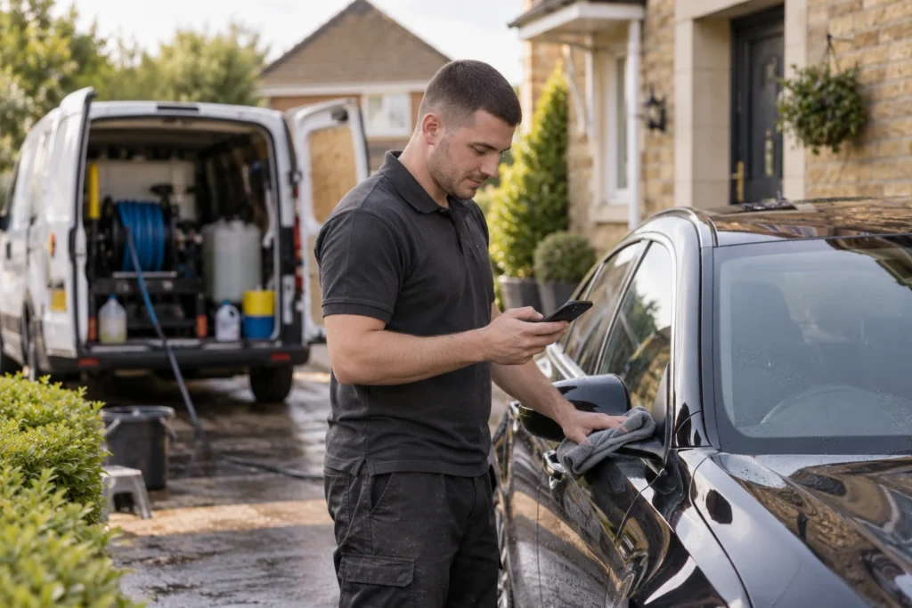 A mobile car valeting business owner checking his phone beside a car.