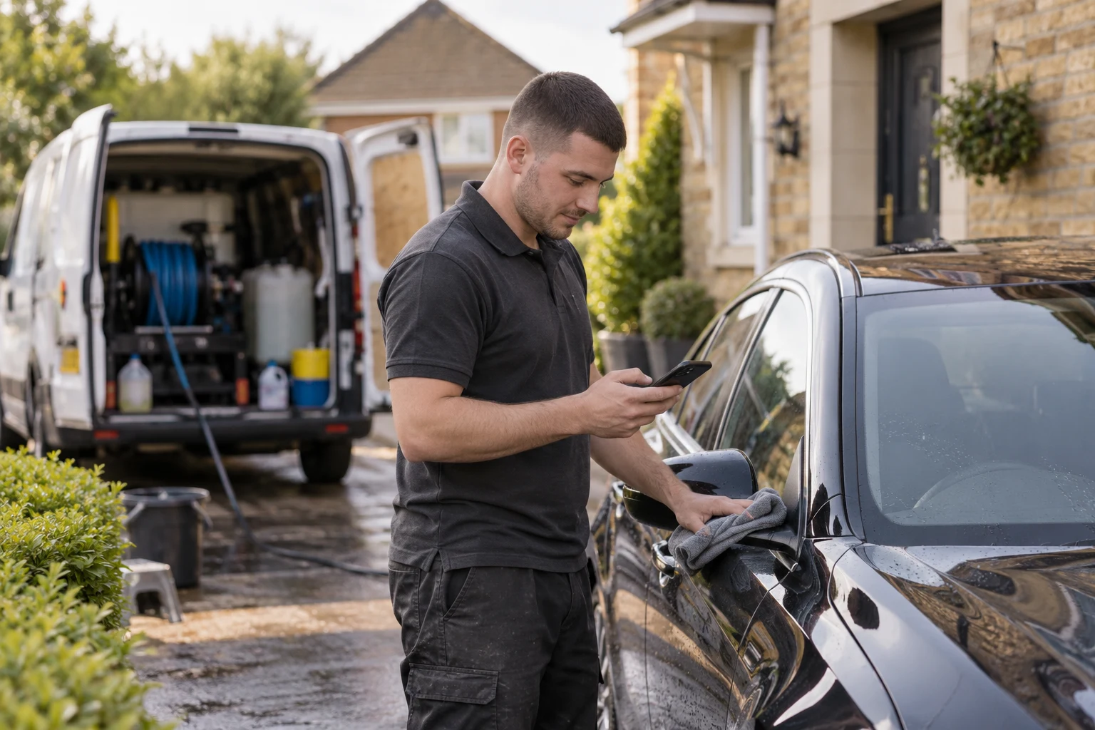 A mobile car valeting business owner checking his phone beside a car.