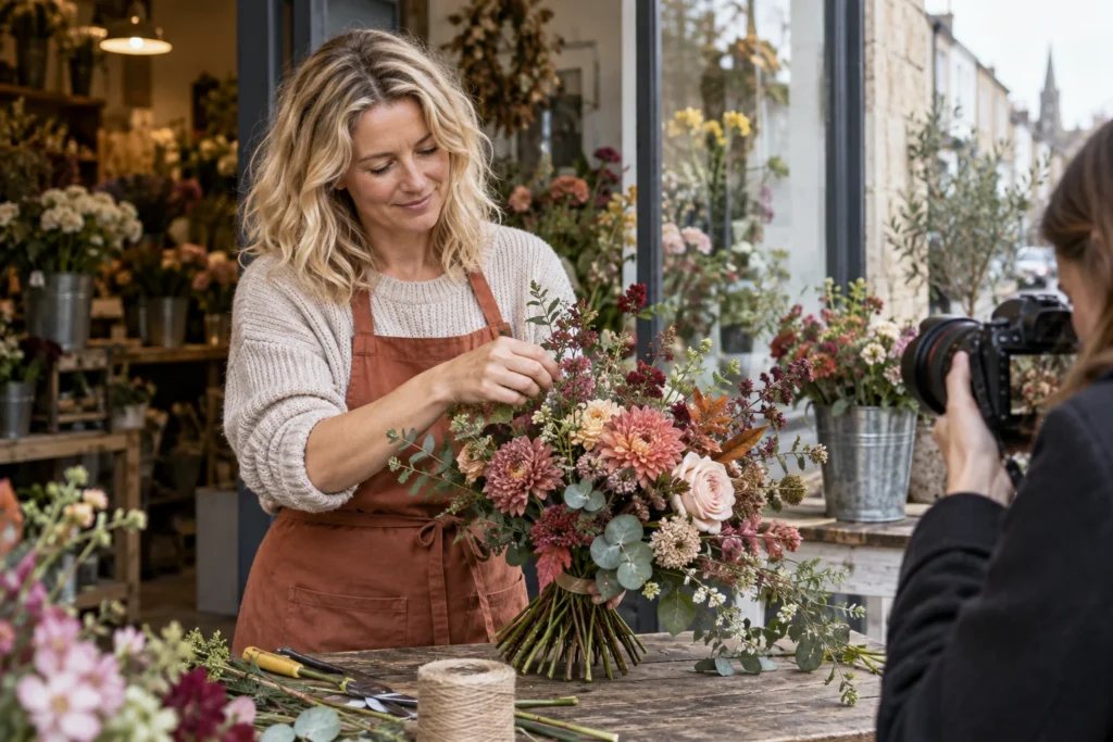 A florist arranging a bouquet while it is photographed for a business update.