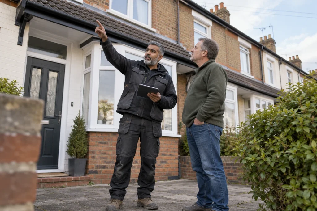 A roofer discussing a terraced house roof with a customer at ground level.