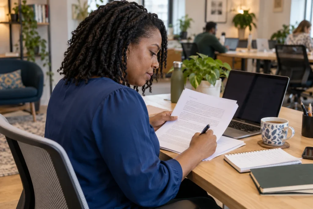 An independent copywriter editing a printed draft at a coworking desk.