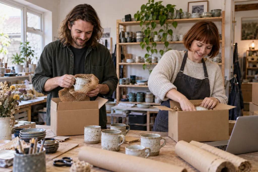 Two online shop owners packing handmade ceramic mugs for delivery.