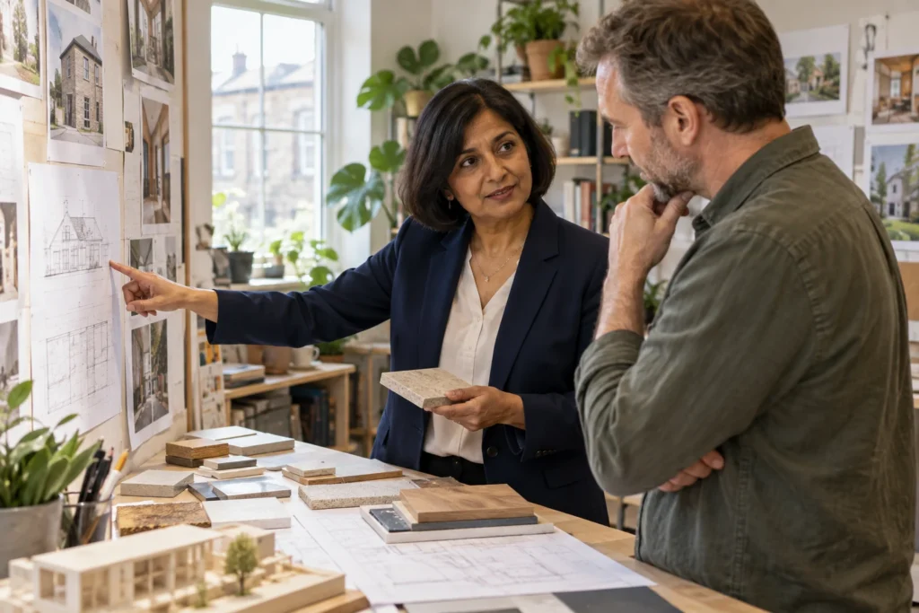 An architect discussing drawings and material samples with a client.