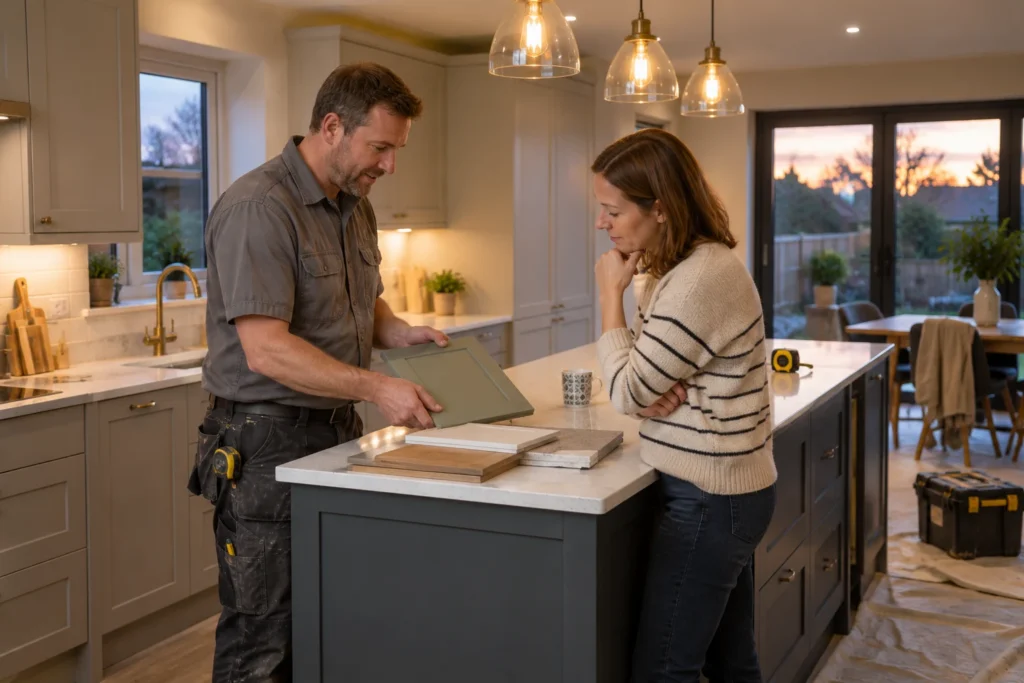 A kitchen fitter showing cabinet finishes to a homeowner.