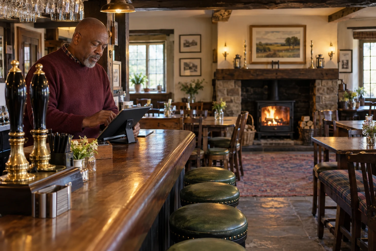 A country pub owner checking reservations before opening.